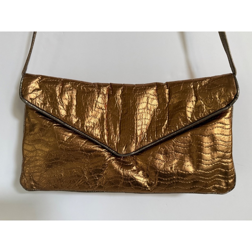 Vintage Timmy Woods Metallic Bronze Leather Envelope Clutch Crossbody Bag